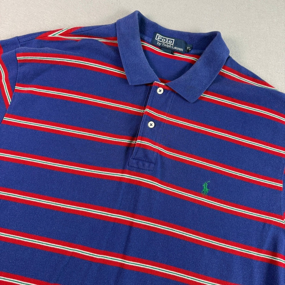 Polo Ralph Lauren Polo Shirt Mens XL Blue Striped Cotton Short Sleeve Pique